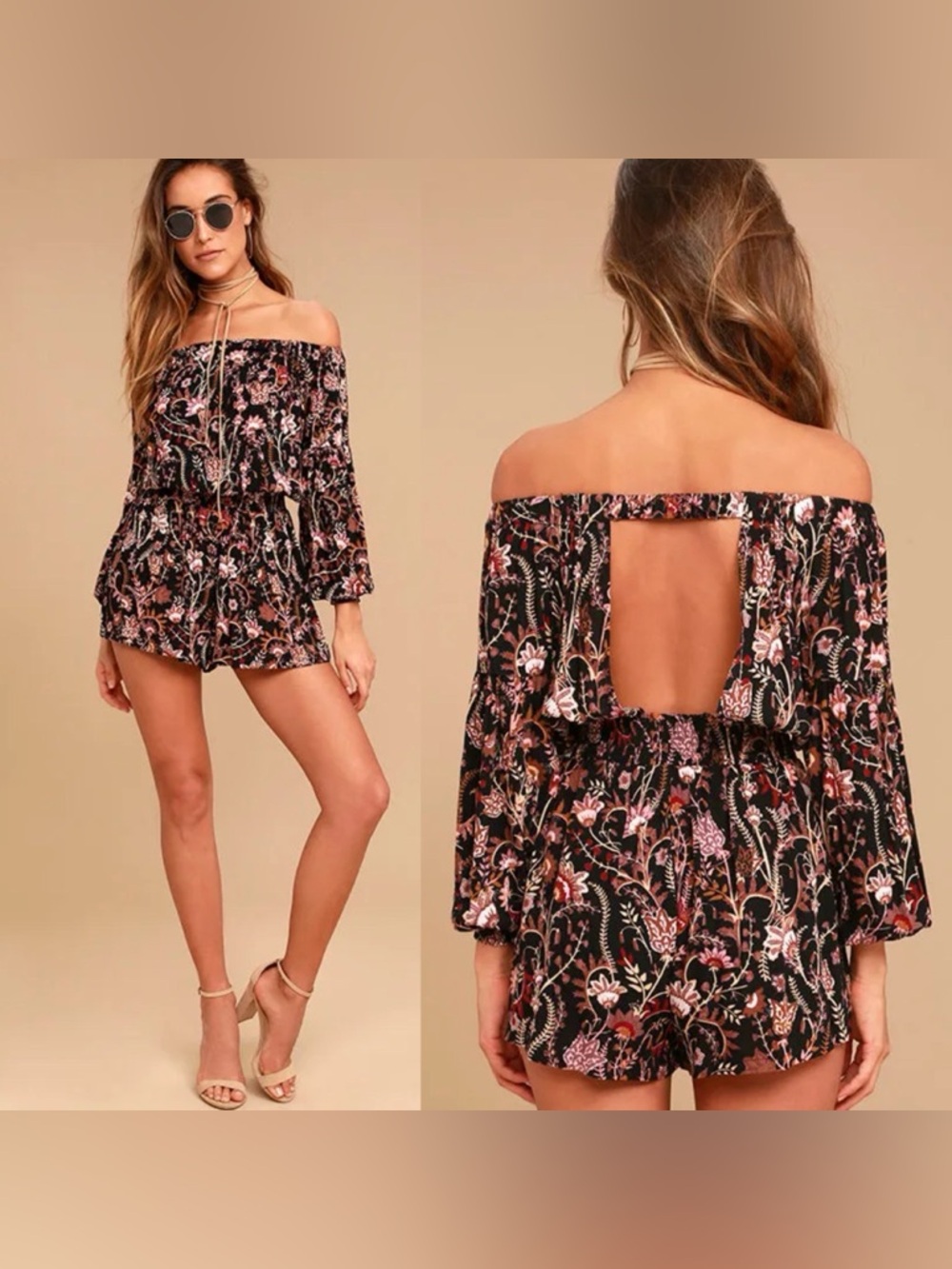 Free People Boho Pretty & Free Black Floral Paisley Print Romper XS